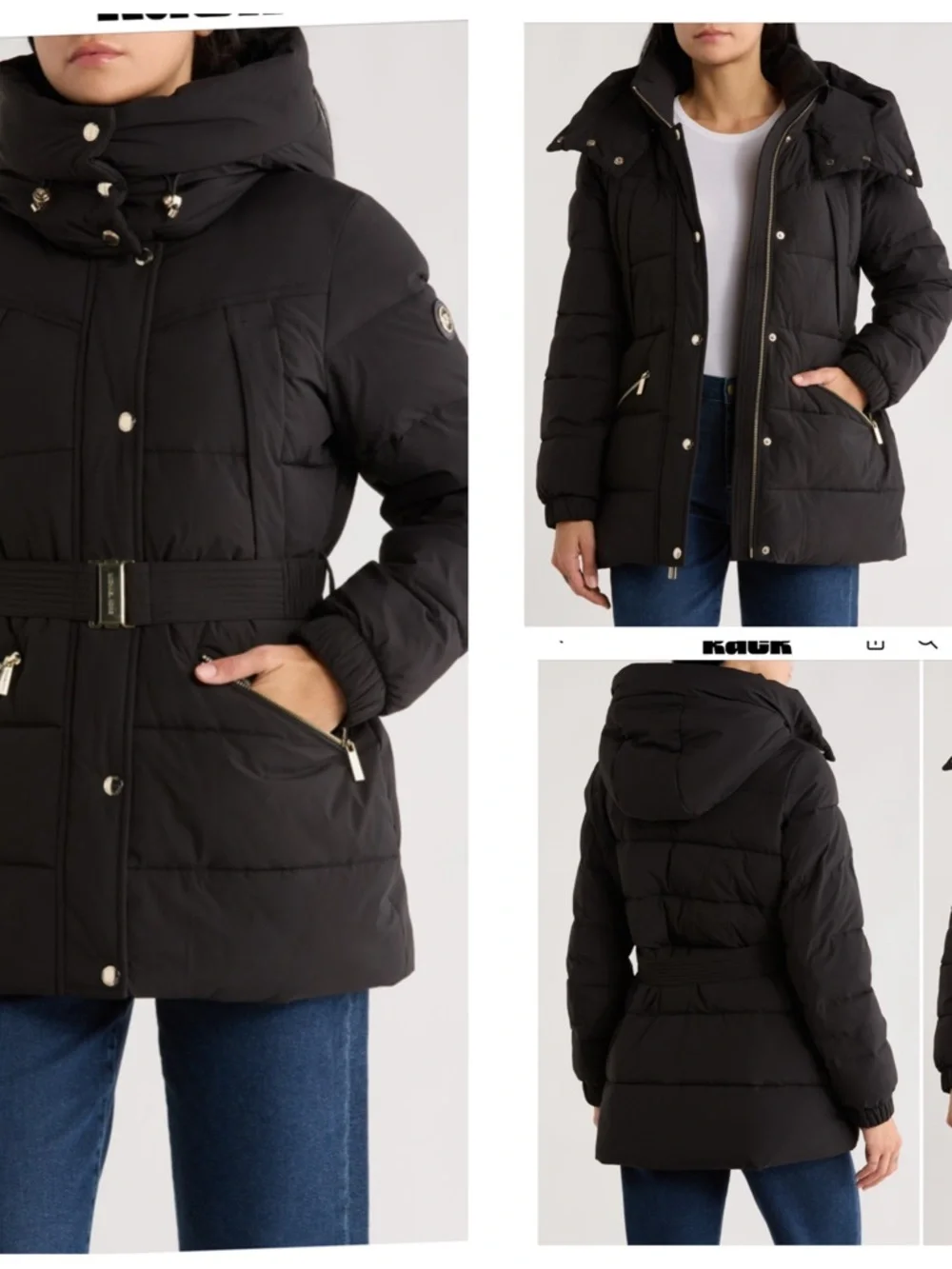 Michael Kors Belted Channel Quilted Hooded Puffer Coat Black XL